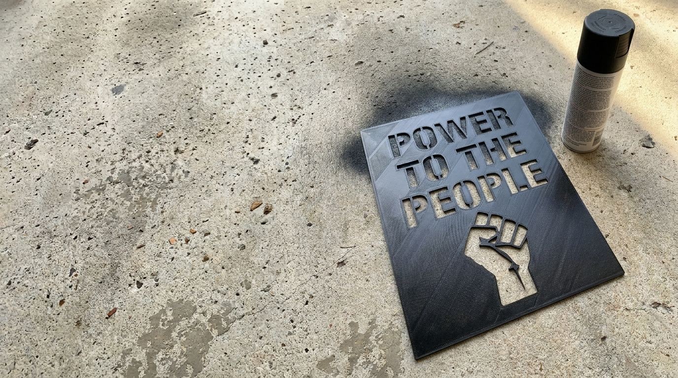 Schwarze 3D-gedruckte Sprühschablone mit dem Motiv POWER TO THE PEOPLE und erhobener Faust, daneben eine Spraydose auf Beton