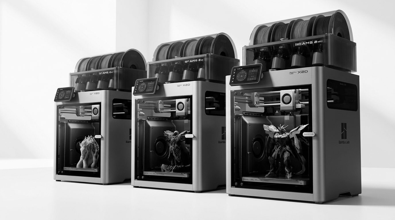 Drei 3D-Drucker nebeneinander in einem hellen Studio, in jedem Bauraum ein fertig gedrucktes Objekt